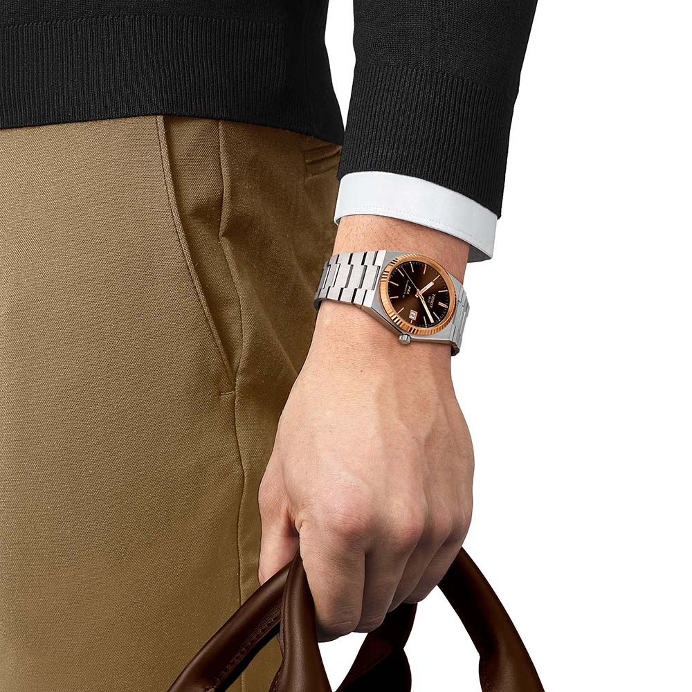 Tissot Prx Powermatic 80 18K Gold Bezel T931.407.41.291.00 Ανοξείδωτο ατσάλι Μπρασελέ Καφέ-Μαύρο χρώμα καντράν