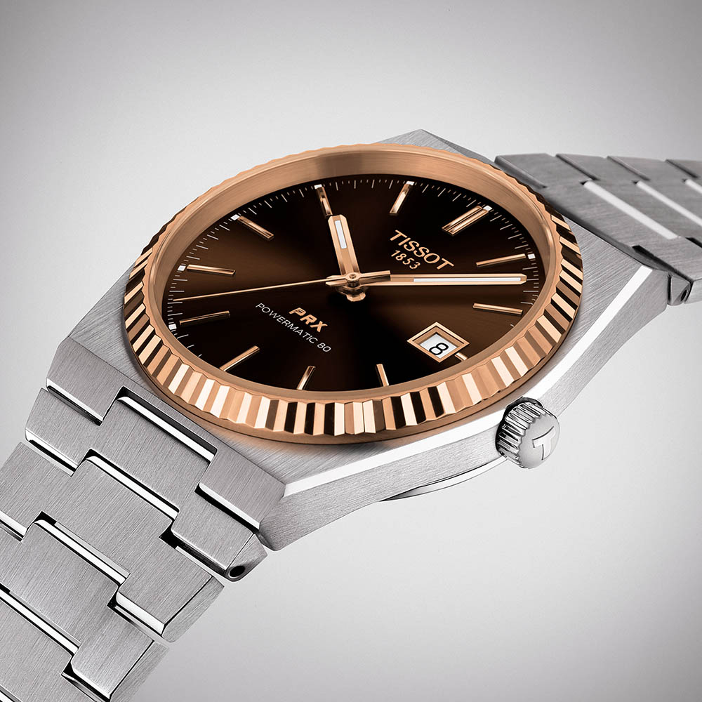 Tissot Prx Powermatic 80 18K Gold Bezel T931.407.41.291.00 Ανοξείδωτο ατσάλι Μπρασελέ Καφέ-Μαύρο χρώμα καντράν