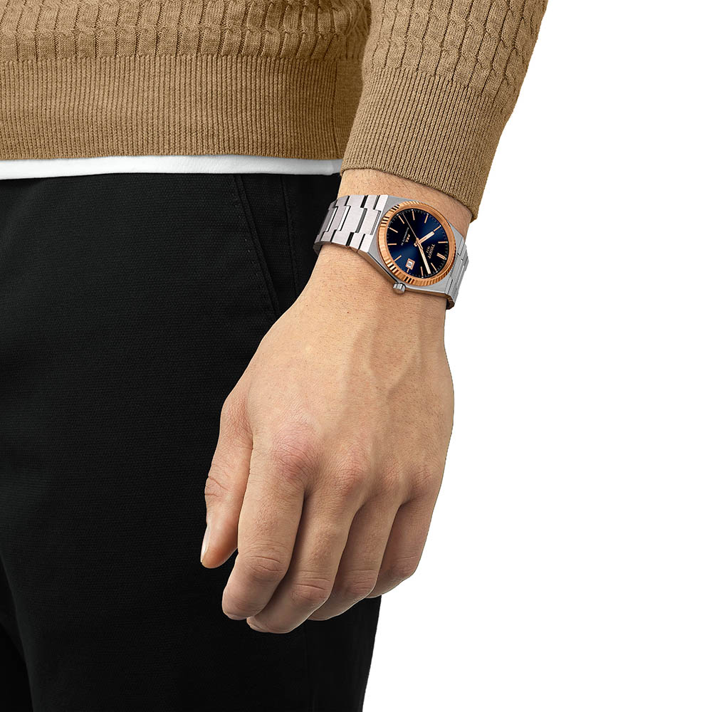 Tissot Prx Powermatic 80 18K Gold Bezel T931.407.41.041.00 Ανοξείδωτο ατσάλι Μπρασελέ Μπλε-Μαύρο χρώμα καντράν