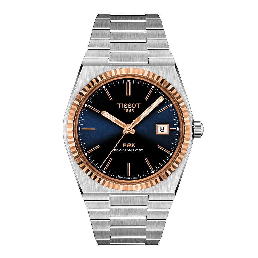 Tissot Prx Powermatic 80 18K Gold Bezel T931.407.41.041.00 Ανοξείδωτο ατσάλι Μπρασελέ Μπλε-Μαύρο χρώμα καντράν