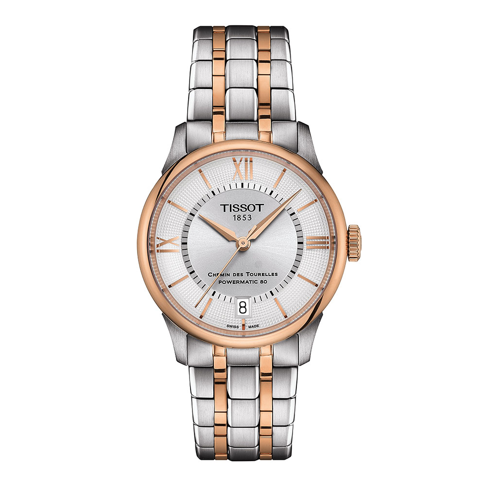 Tissot Chemin Des Tourelles Powermatic 80 T139.807.22.038.00 Αυτόματος Ανοξείδωτο ατσάλι Διμεταλλικό μπρασελέ Επιχρυσωμένη στεφάνη Ασημί χρώμα καντράν