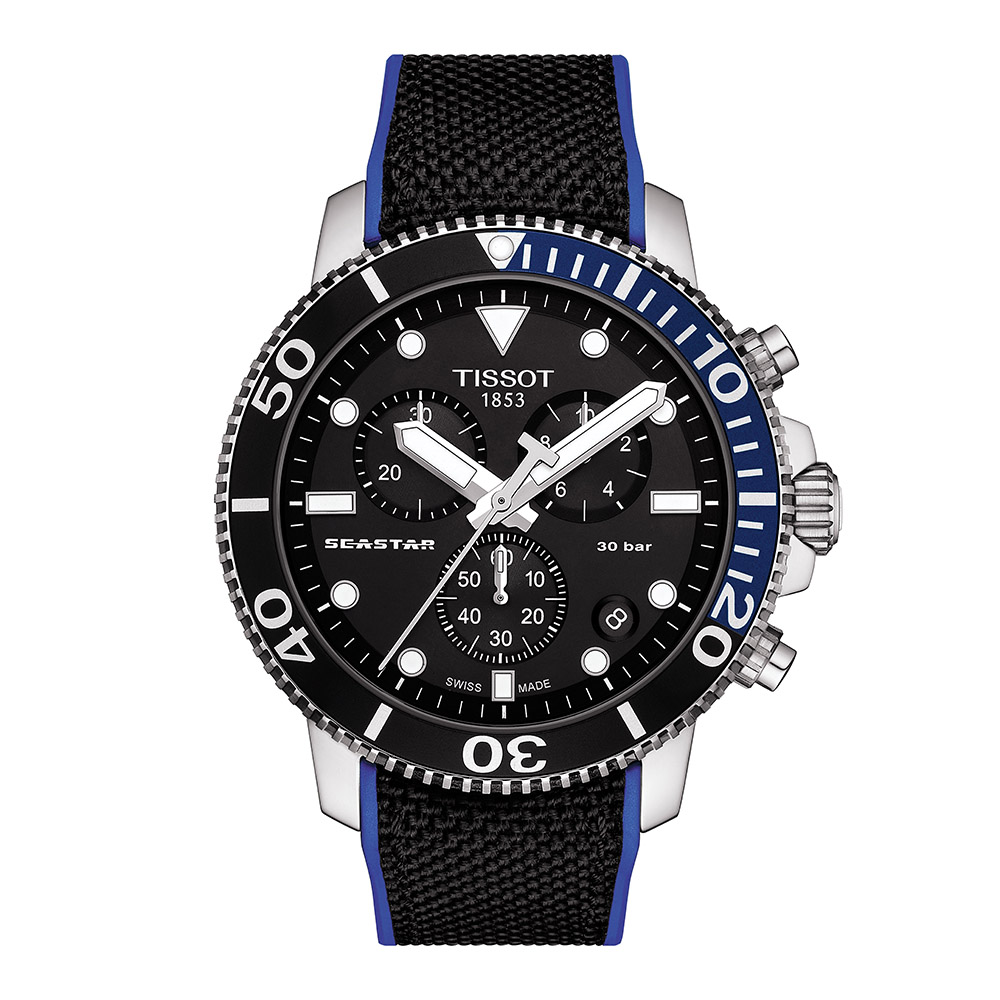 Tissot Seastar 1000 Chronograph T120.417.17.051.03 Quartz Ανοξείδωτο ατσάλι Μαύρο συνθετικό λουρί Στεφάνη αλουμινίου Μαύρο χρώμα καντράν Καταδυτικό