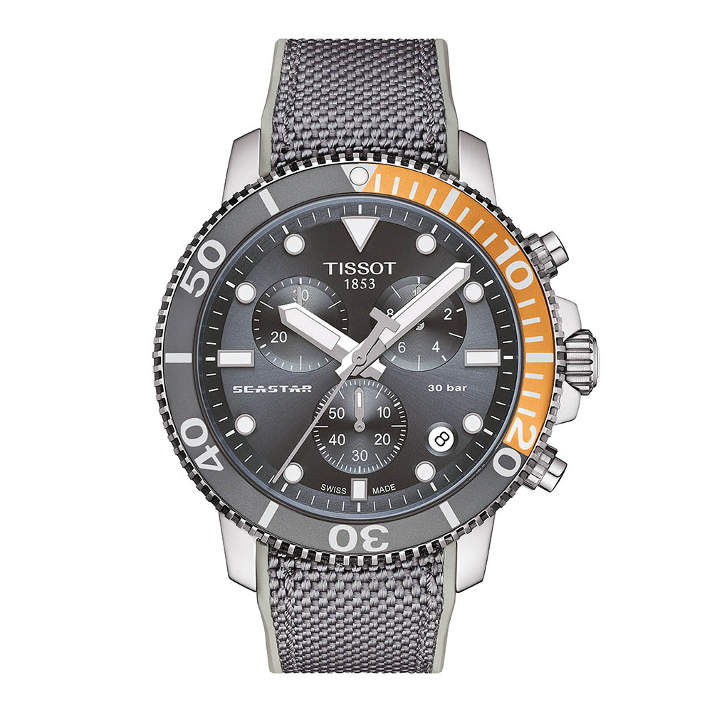 Tissot Seastar 1000 Chronograph T120.417.17.081.01 Quartz Ανοξείδωτο ατσάλι Γκρι συνθετικό λουρί Στεφάνη αλουμινίου Γκρι χρώμα καντράν Καταδυτικό