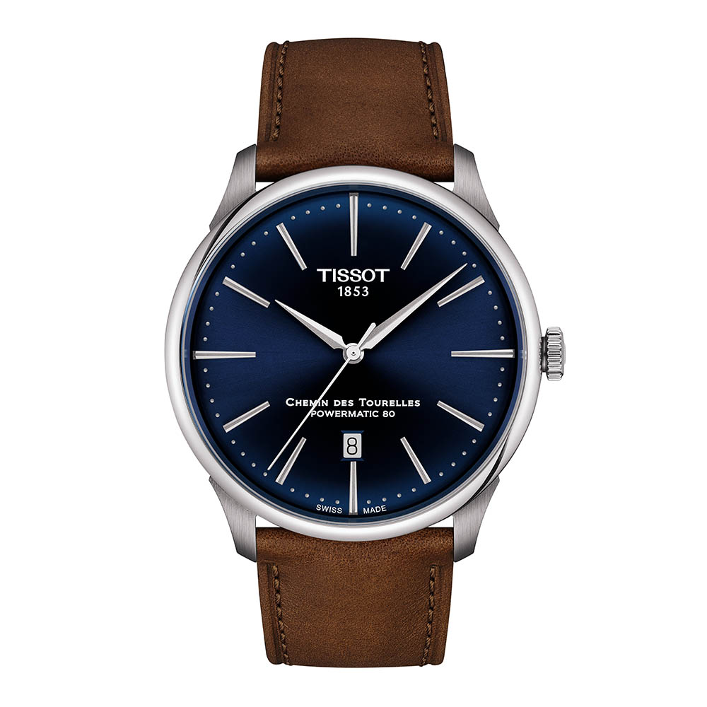 Tissot Chemin Des Tourelles Powermatic 80 T139.407.16.041.00 Ανοξείδωτο ατσάλι Καφέ δερμάτινο λουρί Μπλε χρώμα καντράν