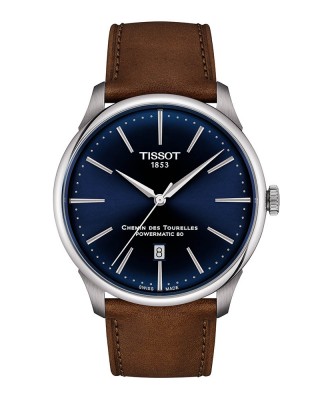 Tissot Chemin Des Tourelles Powermatic 80 T139.407.16.041.00 Ανοξείδωτο ατσάλι Καφέ δερμάτινο λουρί Μπλε χρώμα καντράν