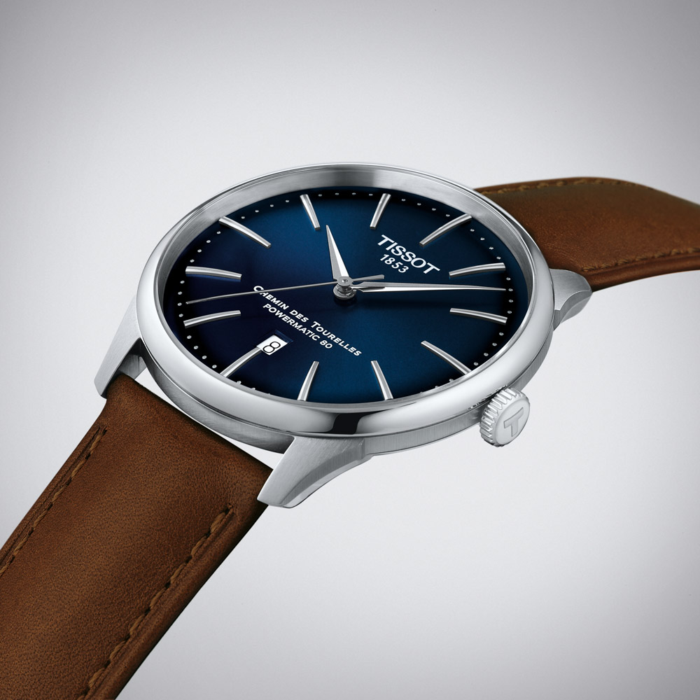 Tissot Chemin Des Tourelles Powermatic 80 T139.407.16.041.00 Ανοξείδωτο ατσάλι Καφέ δερμάτινο λουρί Μπλε χρώμα καντράν