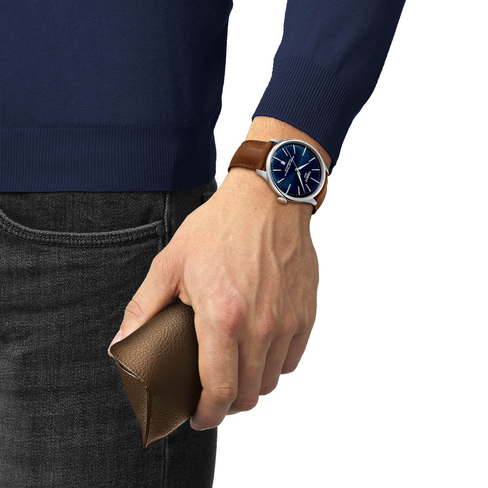 Tissot Chemin Des Tourelles Powermatic 80 T139.407.16.041.00 Ανοξείδωτο ατσάλι Καφέ δερμάτινο λουρί Μπλε χρώμα καντράν