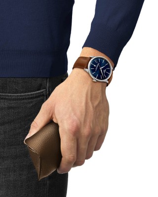 Tissot Chemin Des Tourelles Powermatic 80 T139.407.16.041.00 Ανοξείδωτο ατσάλι Καφέ δερμάτινο λουρί Μπλε χρώμα καντράν