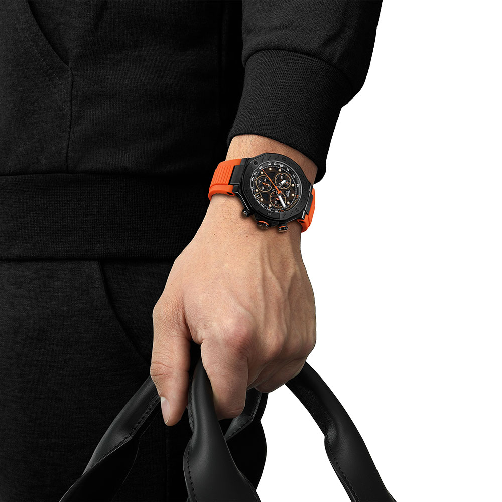 Tissot T-Race Quartz Chronograph T141.417.37.051.02 Ιονισμένο ανοξείδωτο ατσάλι Πορτοκαί καουτσούκ λουρί Μαύρο χρώμα καντράν