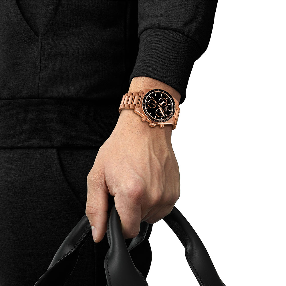 Tissot PR516 Chronograph T149.417.33.051.00 Quartz Χρονογράφος Επιχρυσωμένο ανοξείδωτο ατσάλι Μπρασελέ Μα΄ύρο χρώμα καντράν Ταχύμετρο