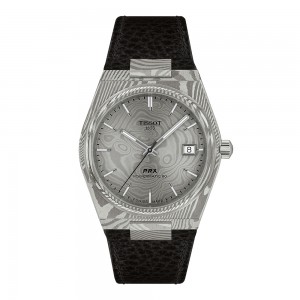 Tissot Prx Damascus Steel T137.807.96.081.00 Αυτόματο Damascus Ανοξείδωτο ατσάλι Μαύρο δερμάτινο λουρί Γκρι χρώμα καντράν