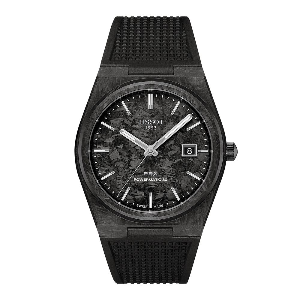 Tissot Prx Powermatic 80 40mm Carbon T137.907.97.201.00 Ιονισμένο ανοξείδωτο ατσάλι Μαύρο καουτσούκ λουρί Μαύρο-γκρι χρώμα καντράν