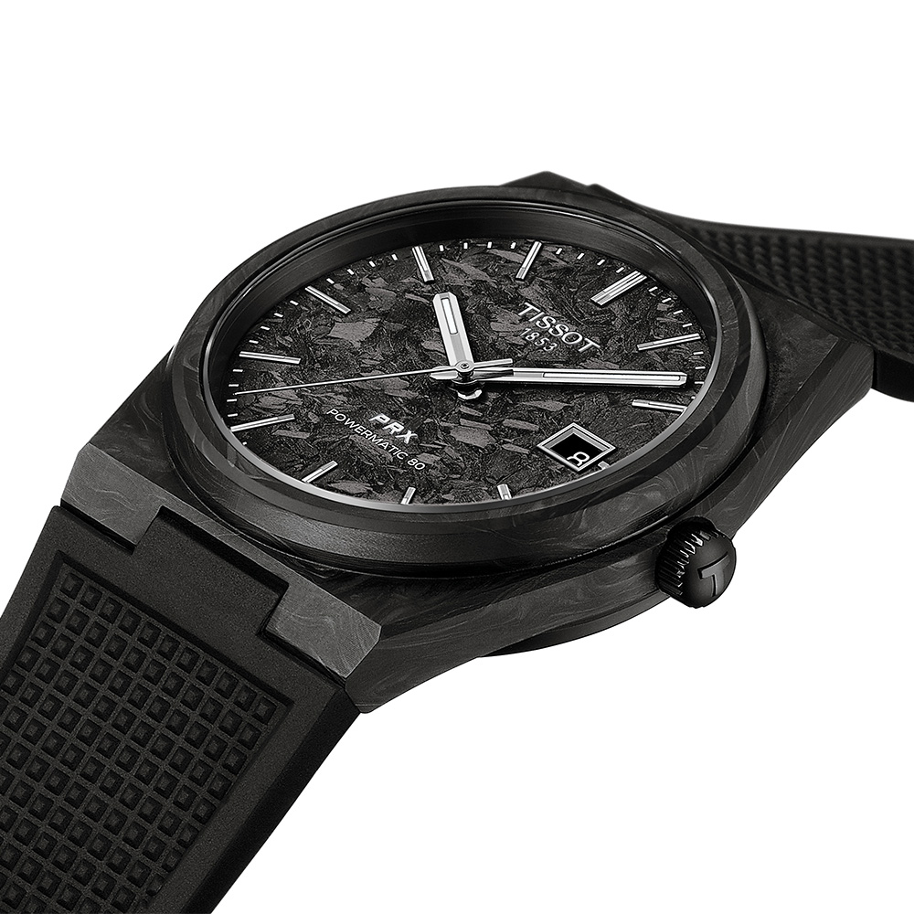 Tissot Prx Powermatic 80 40mm Carbon T137.907.97.201.00 Ιονισμένο ανοξείδωτο ατσάλι Μαύρο καουτσούκ λουρί Μαύρο-γκρι χρώμα καντράν