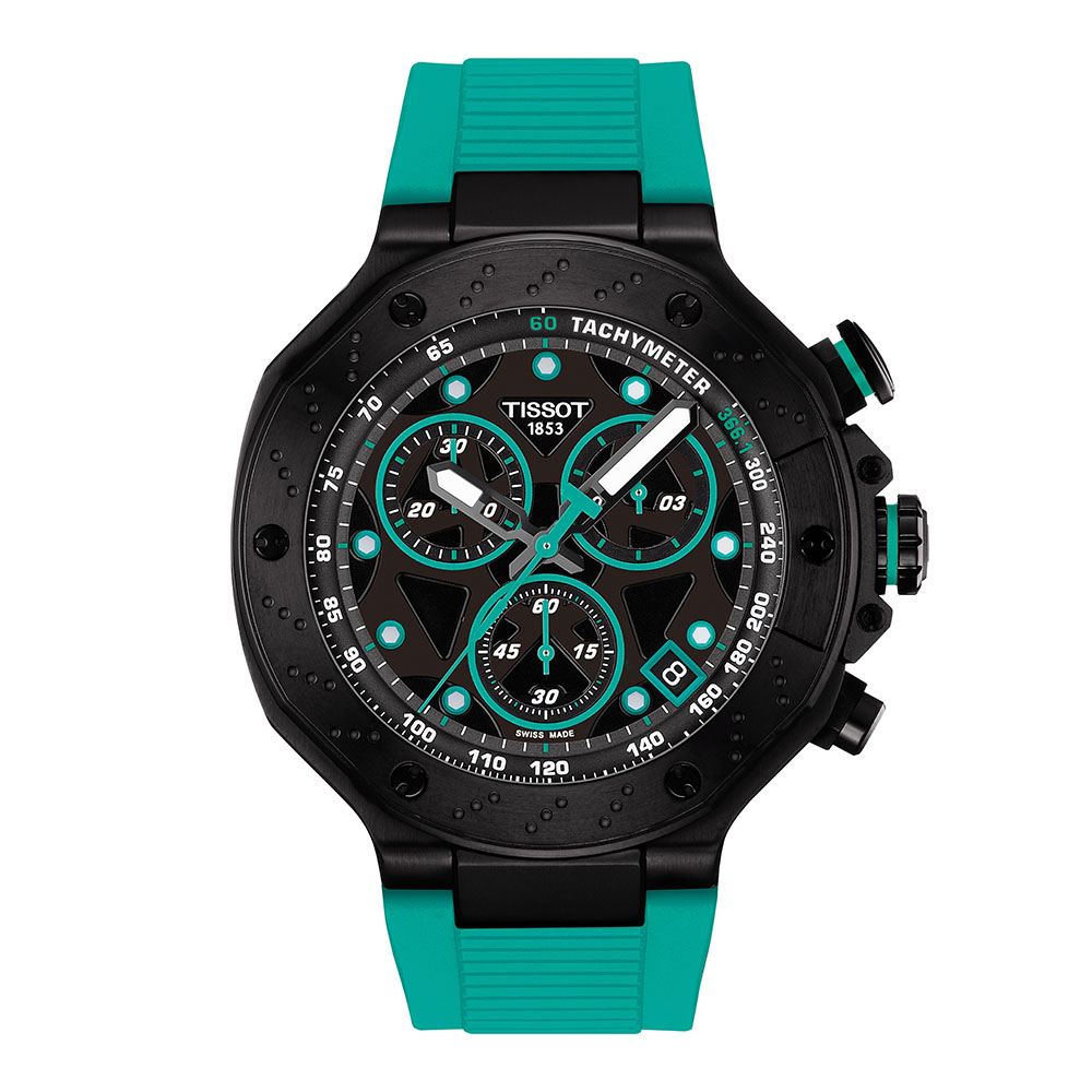 Tissot T-Race Quartz Chronograph T141.417.37.051.01 Ιονισμένο ανοξείδωτο ατσάλι Πράσινο καουτσούκ λουρί Μαύρο χρώμα καντράν
