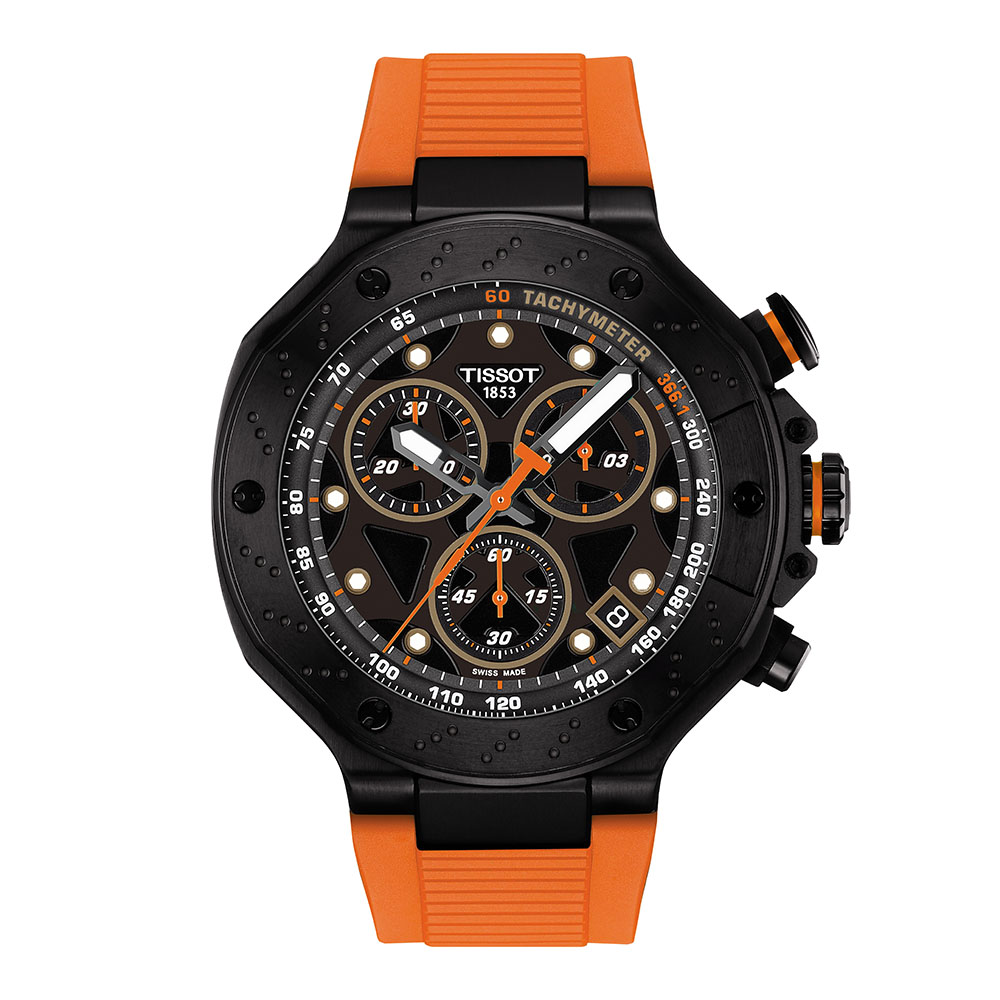 Tissot T-Race Quartz Chronograph T141.417.37.051.02 Ιονισμένο ανοξείδωτο ατσάλι Πορτοκαί καουτσούκ λουρί Μαύρο χρώμα καντράν