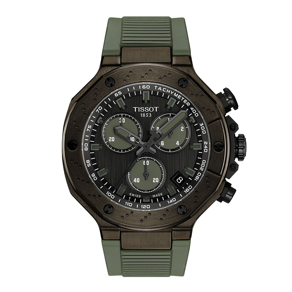 Tissot T-Race Quartz Chronograph T141.417.37.061.02 Ιονισμένο ανοξείδωτο ατσάλι Πράσινο καουτσούκ λουρί Σκούρο γκρι χρώμα καντράν