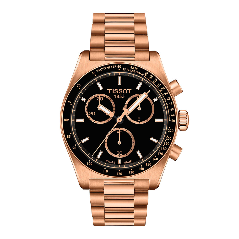 Tissot PR516 Chronograph T149.417.33.051.00 Quartz Χρονογράφος Επιχρυσωμένο ανοξείδωτο ατσάλι Μπρασελέ Μα΄ύρο χρώμα καντράν Ταχύμετρο