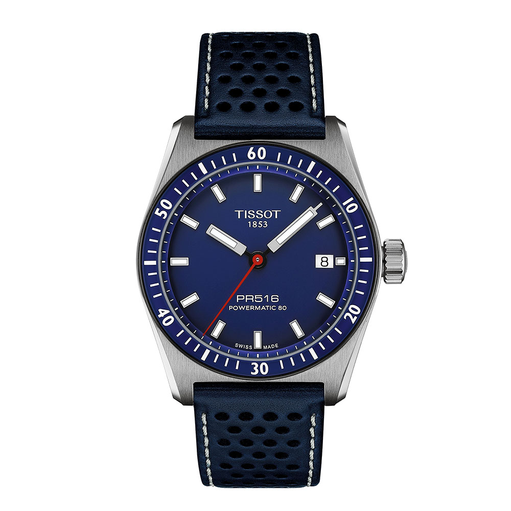 Tissot PR516 Powermatic 80 T149.407.16.041.00 Αυτόματο Ανοξείδωτο ατσάλι Μπλε δερμάτινο λουρί Μπλε χρώμα καντράν