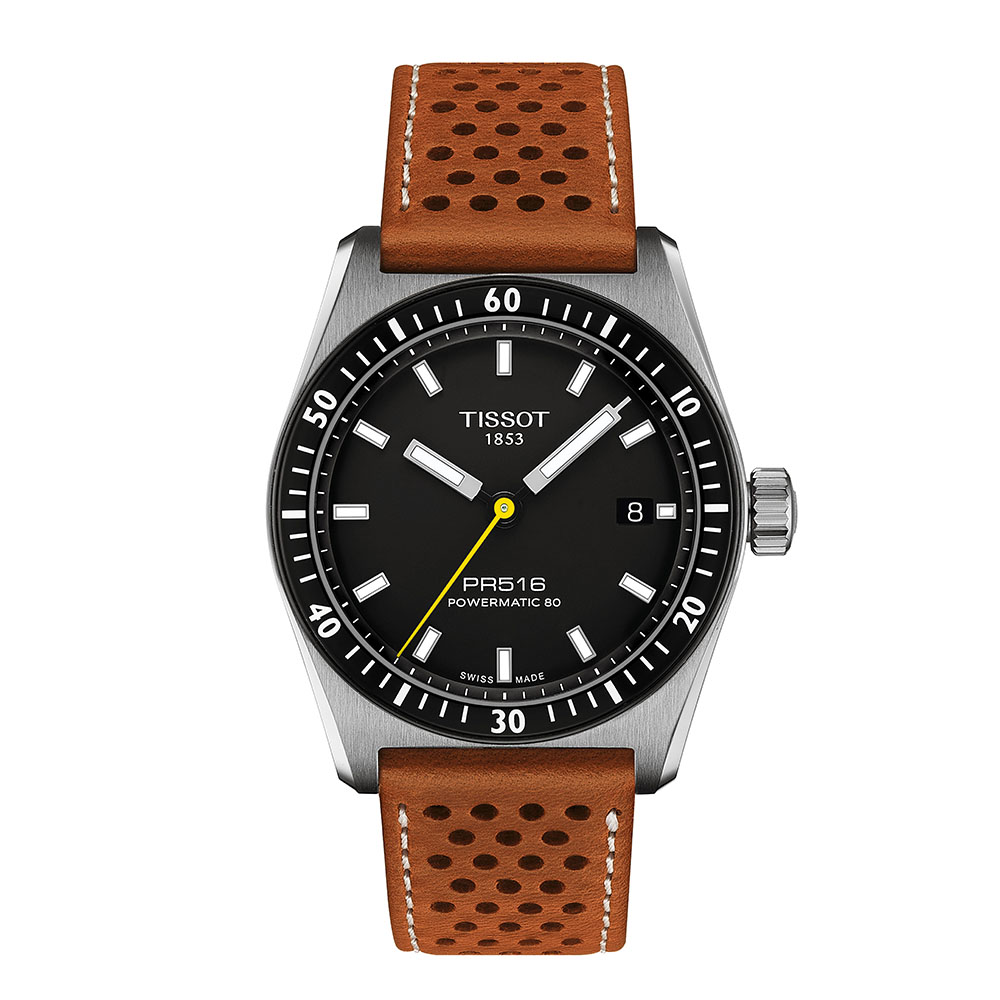 Tissot PR516 Powermatic 80 T149.407.16.051.00 Αυτόματο Ανοξείδωτο ατσάλι Καφέ δερμάτινο λουρί Μαύρο χρώμα καντράν