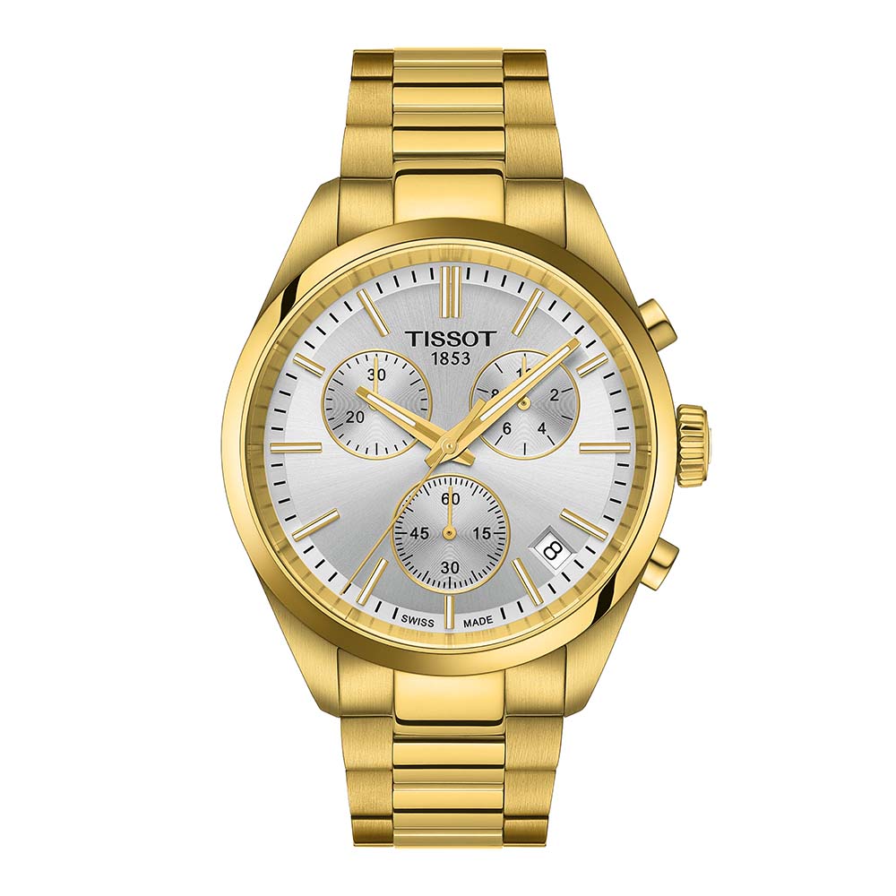 Tissot PR 100 Chronograph T150.417.33.031.00 Quartz Χρονογράφος Επιχρυσωμένο ανοξείδωτο ατσάλι Μπρασελέ Ασημί χρώμα καντράν