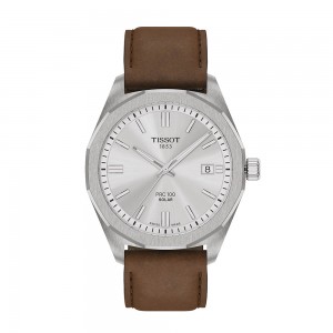 Tissot PRC 100 Solar Quartz 39mm T151.422.16.031.00 Ανοξείδωτο ατσάλι Καφέ δερμάτινο λουρί Ασημί χρώμα καντράν