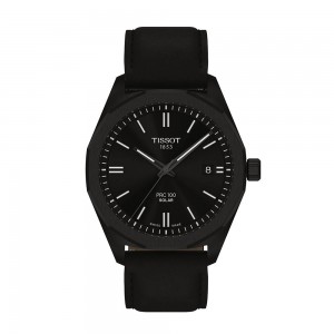 Tissot PRC 100 Solar Quartz 39mm T151.422.36.051.00 Ιονισμένο Ανοξείδωτο ατσάλι Μαύρο δερμάτινο λουρί Μαύρο χρώμα καντράν