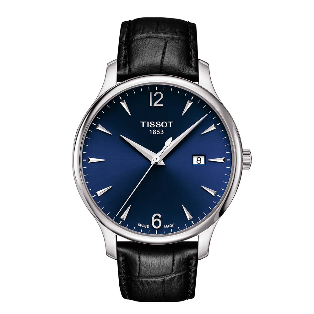 Tissot Tradition T063.610.16.047.00 Quartz Ανοξείδωτο ατσάλι Μαύρο δερμάτινο λουρί Μπλε χρώμα καντράν 