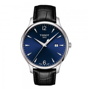 Tissot Tradition T063.610.16.047.00 Quartz Ανοξείδωτο ατσάλι Μαύρο δερμάτινο λουρί Μπλε χρώμα καντράν 