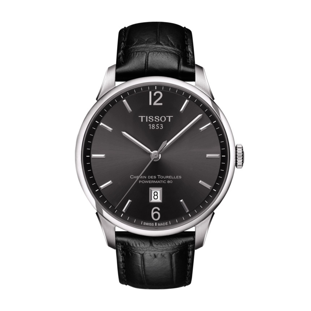 TISSOT Chemin Des Tourelles Powermatic 80 T099.407.16.447.00 Quartz Ανοξείδωτο ατσάλι Μαύρο δερμάτινο λουρί Μαύρο χρώμα καντράν