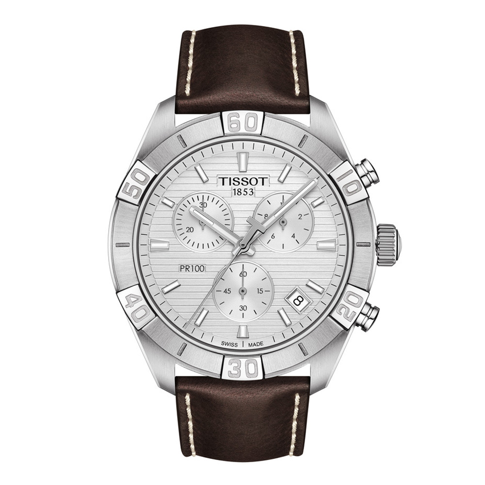 Tissot PR 100 Spor Gent T101.617.16.031.00 Quartz χρονογράφος Ανοξείδωτο ατσάλι Δερμάτινο καφέ λουρί Ασημί καντράν