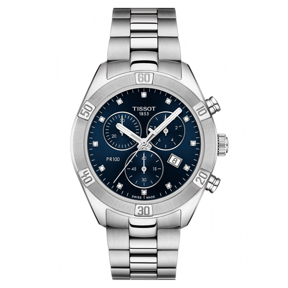 TISSOT PR 100 Sport Chic Chronograph T101.917.11.046.00 Quartz χρονογράφος Ανοξείδωτο ατσάλι Μπρασελέ Μπλε χρώμα καντράν