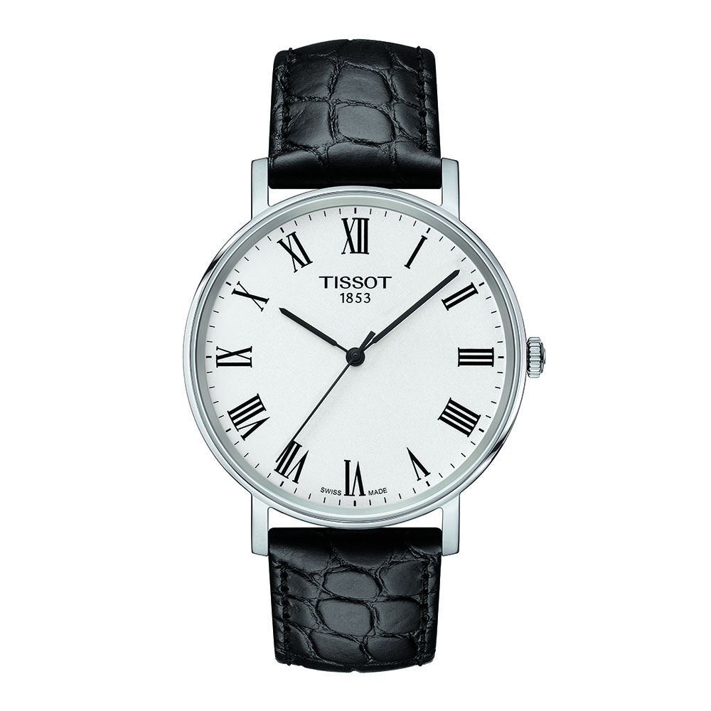 TISSOT T-Classic Everytime T109.410.16.033.01 Quartz Ανοξείδωτο ατσάλι Μαύρο δερμάτινο λουρί Λευκό χρώμα καντράν