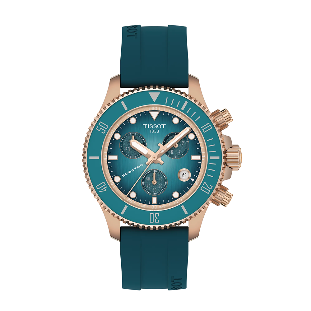 Tissot Seastar 1000 Chronograph 38mm T120.217.37.041.00 Quartz Ανοξείδωτο ατσάλι Τιρκουάζ καουτσούκ λουρί Τιρκουάζ χρώμα καντράν Καταδυτικό