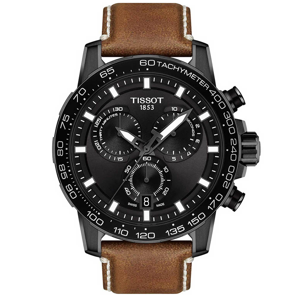 TISSOT Supersport Chronograph T125.617.36.051.01 Quartz χρονογράφος Ανοξείδωτο ατσάλι  Καφέ δερμάτινο λουρί Μαύρο χρώμα καντράν