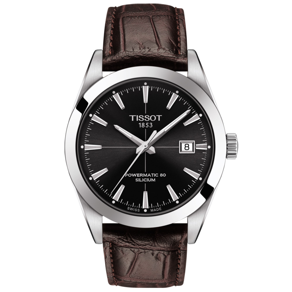 TISSOT T-Classic Gentleman Powermatic 80 T127.407.16.051.01 Quartz Ανοξείδωτο ατσάλι Καφέ δερμάτινο λουρί Μαυρο χρώμα καντράν