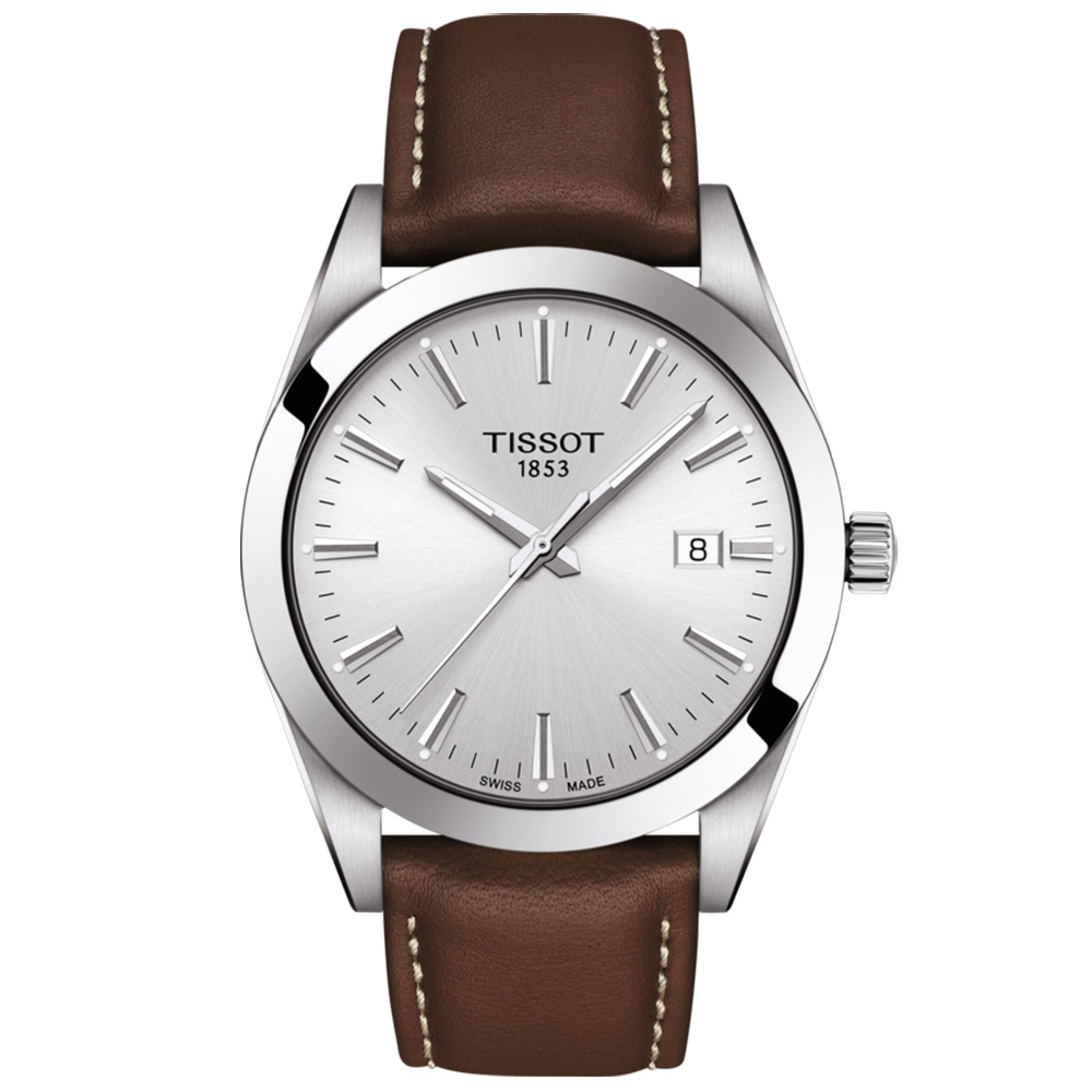 TISSOT T-Classic Gentleman T127.410.16.031.00 Quartz Ανοξείδωτο ατσάλι Καφέ δερμάτινο λουρί Λευκό χρώμα καντράν