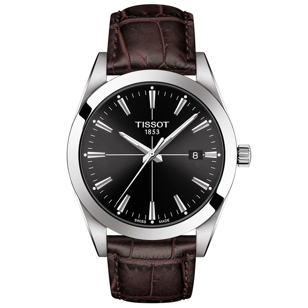 TISSOT T-Classic Gentleman T127.410.16.051.01 Quartz Ανοξείδωτο ατσάλι Καφέ δερμάτινο λουρί Μαυρο χρώμα καντράν