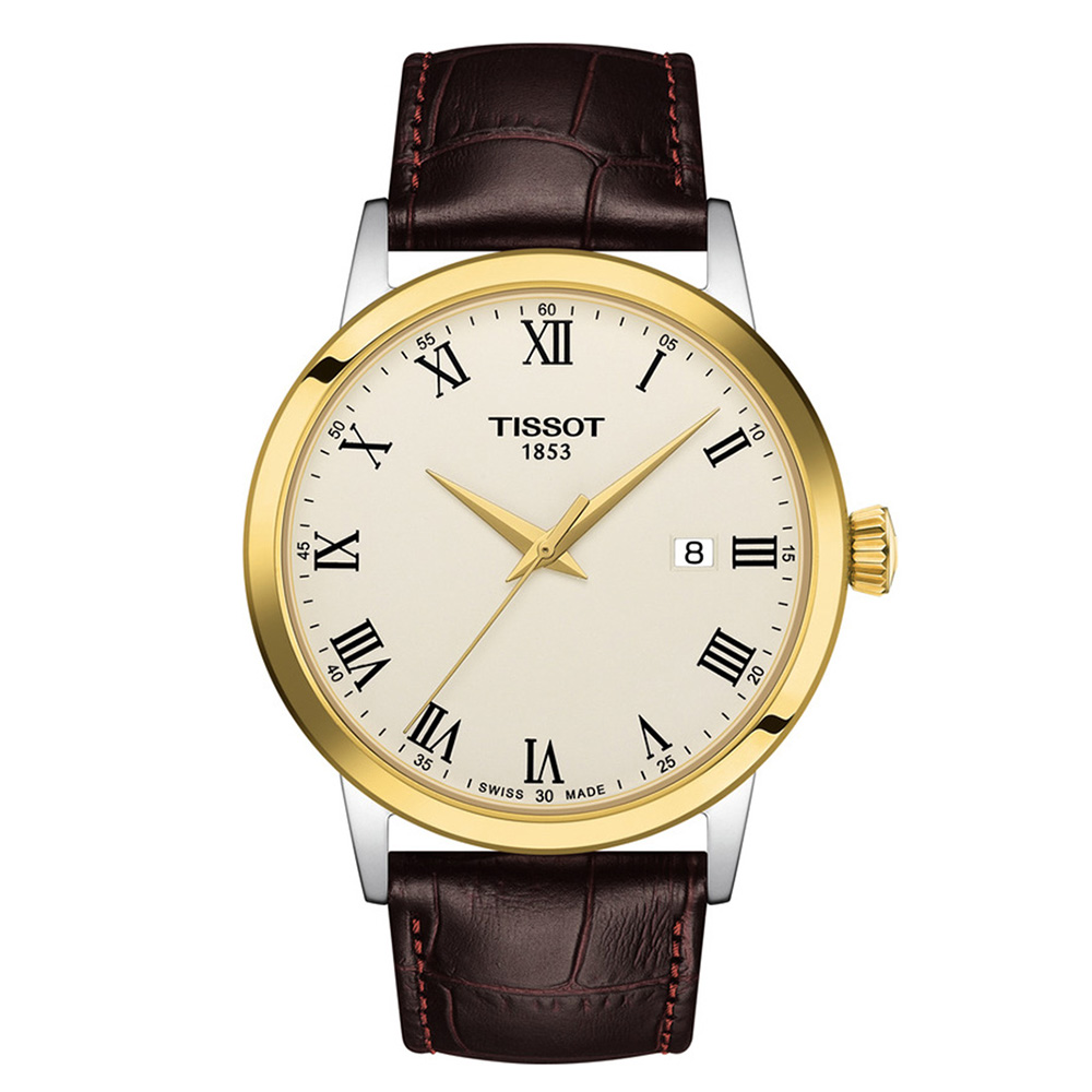 Tissot Classic Dream T129.410.26.263.00 Δερμάτινο καφέ λουρί Λατινική αρίθμηση Quartz Μπεζ χρώμα καντράν