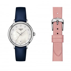 Tissot T-Lady T133.210.16.116.00 Quartz Stainless steel Blue leather strap White color mothel of pearl dial Diamonds