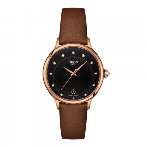 Tissot T-Lady T133.210.36.056.00 Quartz Ανοξείδωτο ατσάλι Καφέ δερμάτινο λουρί Μαύρο χρώμα καντράν Διαμάντια
