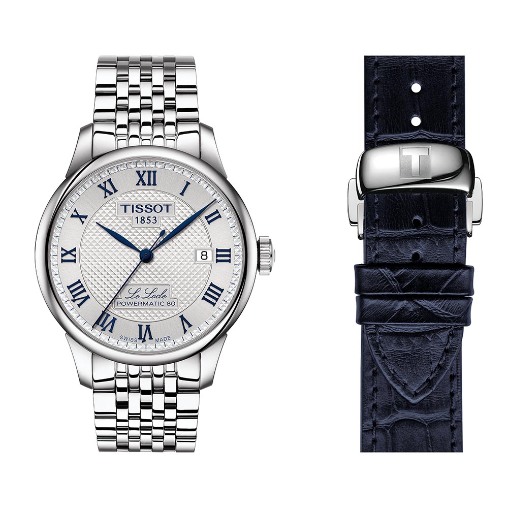 Tissot Le Locle Powermatic 80 T006.407.11.033.03 Ανοξείδωτο ατσάλι Μπλε δερμάτινο λουρί Ασημί χρώμα καντράν Λατινική αρίθμηση