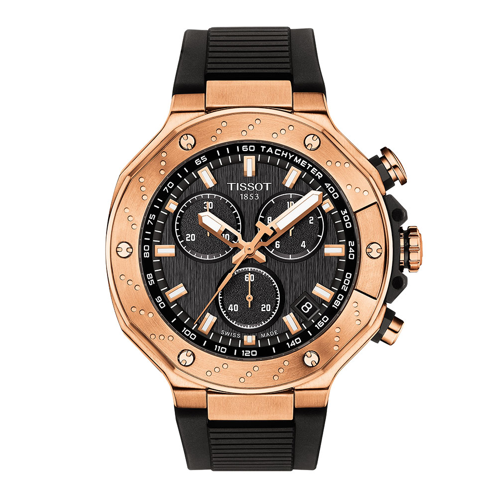Tissot T-Race Chronograph T141.417.37.051.00 Quartz Επιχρυσωμένο ανοξείδωτο ατσάλι Μαύρο καουτσούκ λουρί Μαύρο χρώμα καντράν