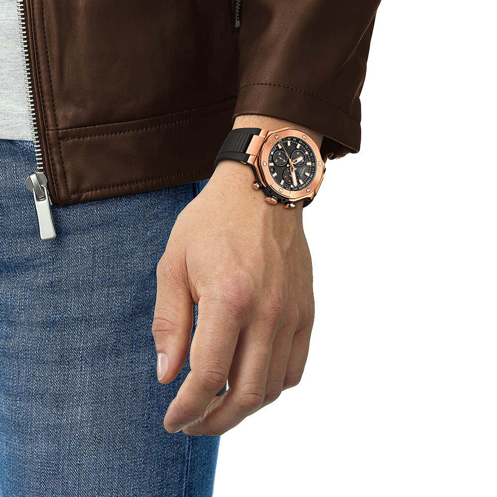 Tissot T-Race Chronograph T141.417.37.051.00 Quartz Επιχρυσωμένο ανοξείδωτο ατσάλι Μαύρο καουτσούκ λουρί Μαύρο χρώμα καντράν
