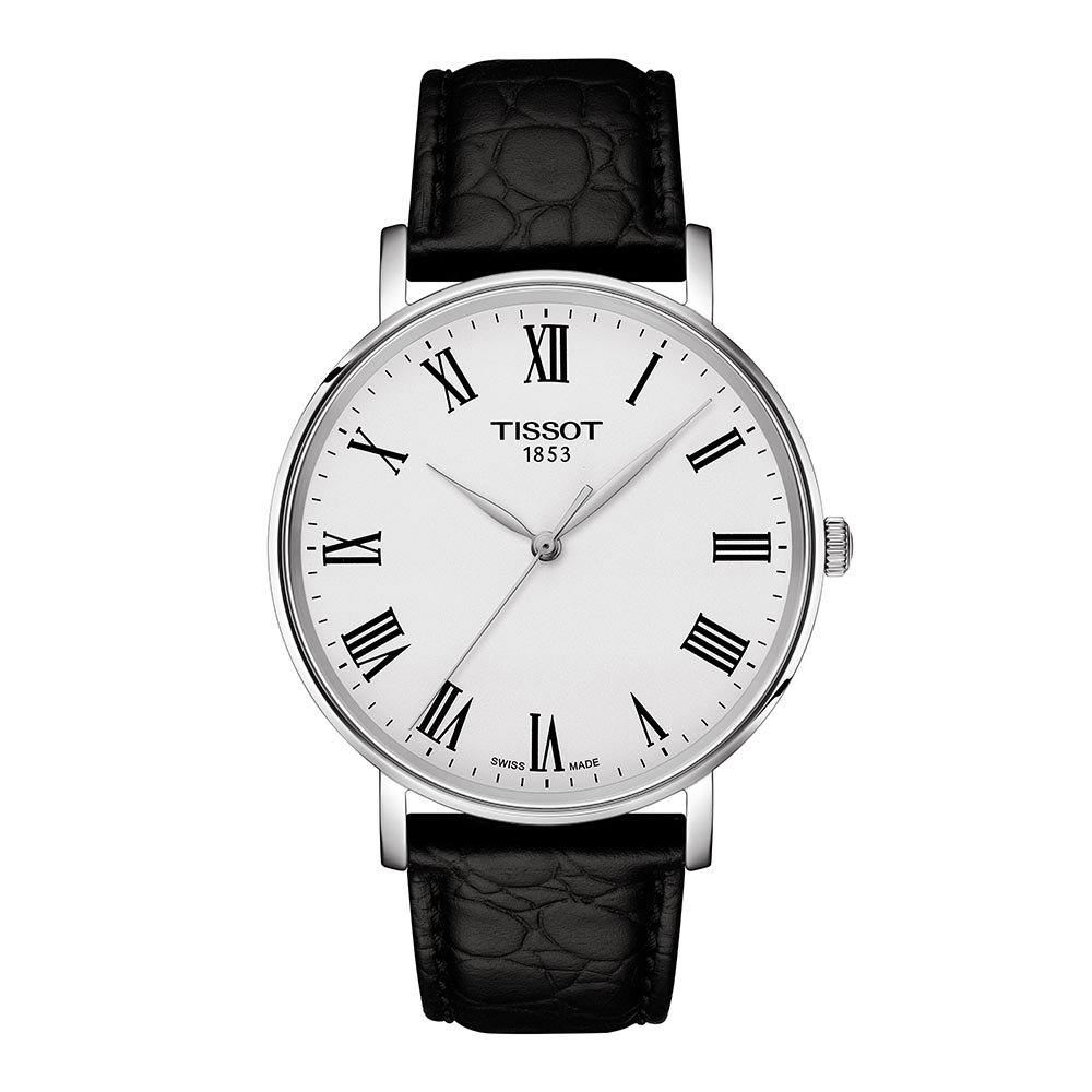 Tissot Everytime 40MM T143.410.16.033.00 Quartz Ανοξείδωτο ατσάλι Μαύρο δερμάτινο λουρί Ασημί χρώμα καντράν Λατινική αρίθμιση
