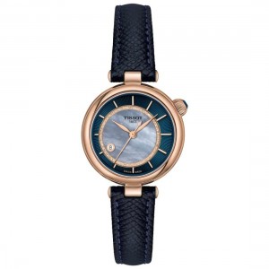 Tissot Desir 28mm T152.207.36.131.00 Αυτόματο Επιχρυσωμένο Ανοξείδωτο ατσάλι Μπλε δερμάτινο λουρί Μπλε φίλντισι χρώμα καντράν