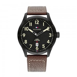 Tommy Hilfiger Forrest 1710560 Quartz Ανοξείδωτο ατσάλι Καφέ δερμάτινο λουρί Μαύρο χρώμα καντράν 