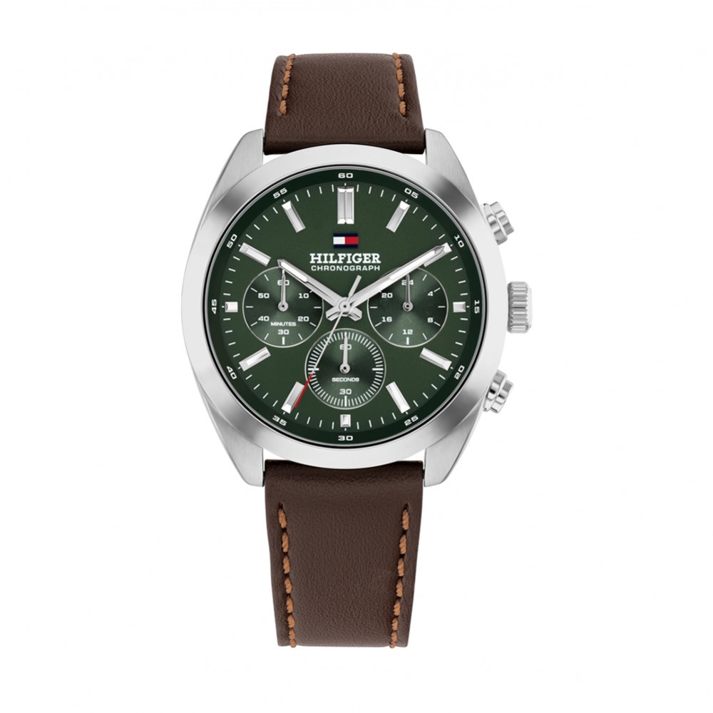 Tommy Hilfiger Hydson 1710719 Quartz Πολλαπλών ενδείξεων Ανοξείδωτο ατσάλι Καφέ δερμάτινο λουρί Πράσινο χρώμα καντράν