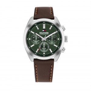 Tommy Hilfiger Hydson 1710719 Quartz Πολλαπλών ενδείξεων Ανοξείδωτο ατσάλι Καφέ δερμάτινο λουρί Πράσινο χρώμα καντράν