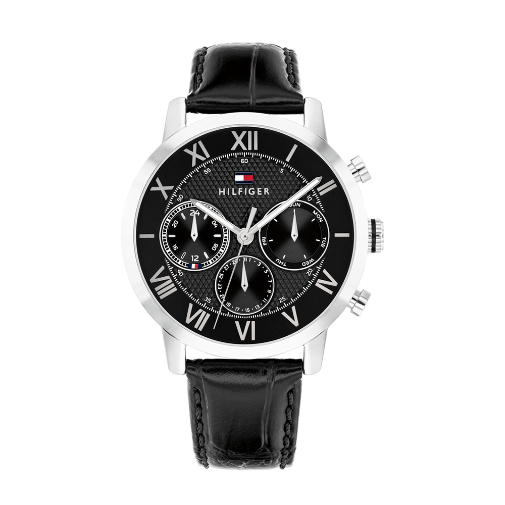 Tommy Hilfiger Oxford 1710725 Quartz Πολλαπλών ενδείξεων Ανοξείδωτο ατσάλι Μαύρο δερμάτινο λουρί Μαύρο χρώμα καντράν Λατινική αρίθμιση