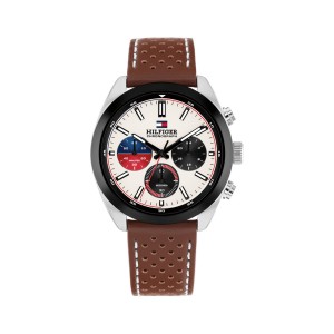 Tommy Hilfiger Hudson 1710765 Quartz Πολλαπλών ενδείξεων Ανοξείδωτο ατσάλι Καφέ δερμάτινο λουρί Λευκό χρώμα καντράν